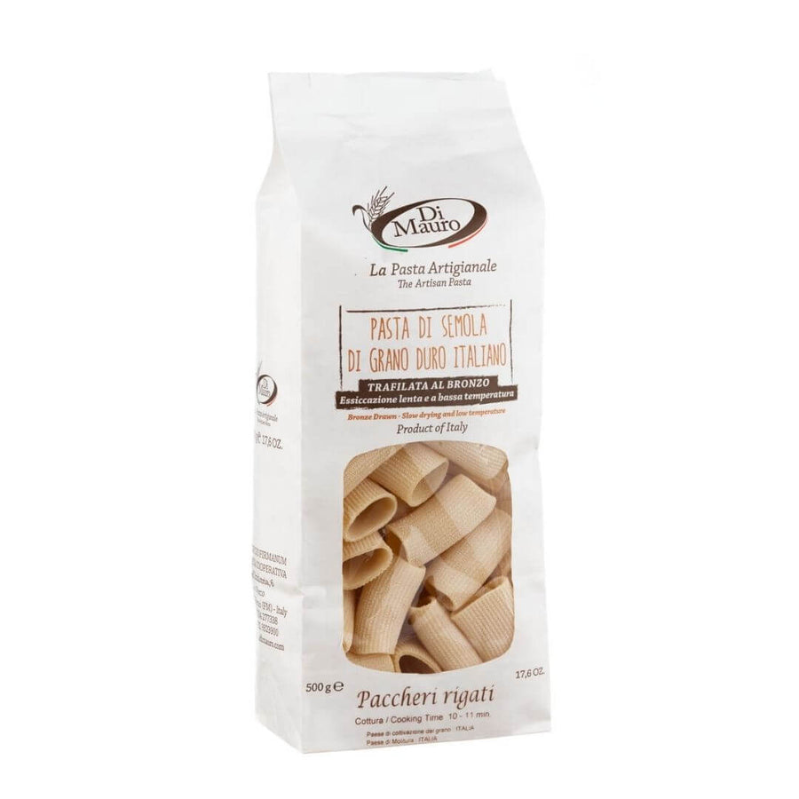 paccheri rigati artigianali con semola di-grano duro marchigiana trafilati al bronzo a bassa temperatura